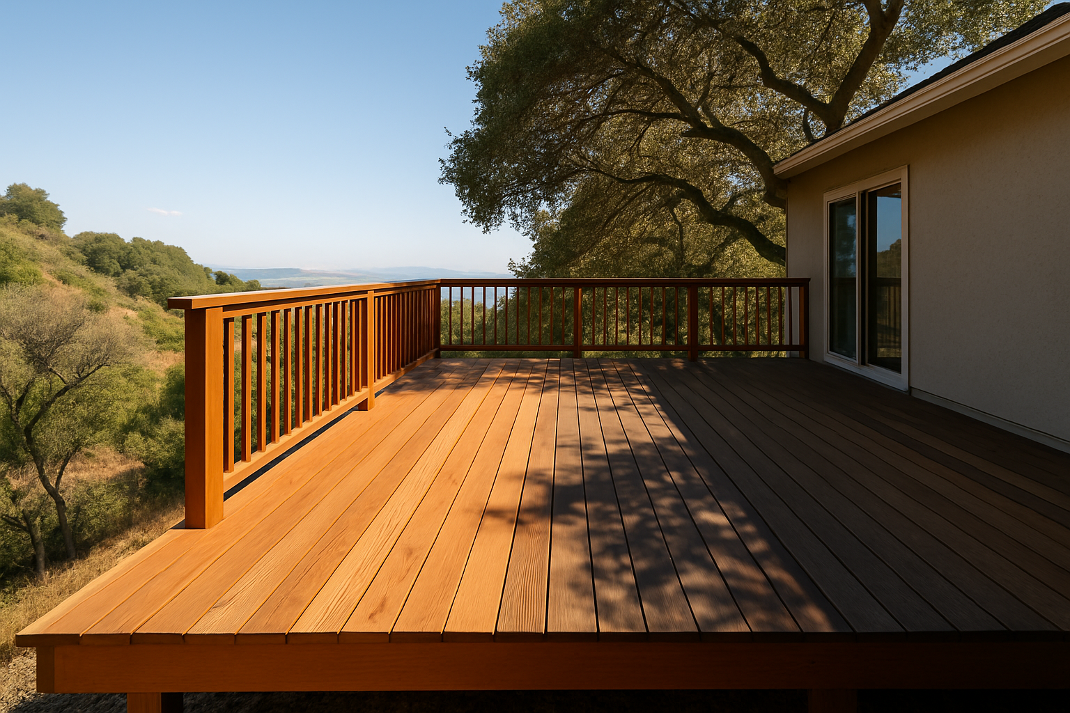 Which Wood Actually Holds Up on a Bay Area Deck? 1 Hillside deck with half the boards in direct sun and half in shade, showing different weathering on each side