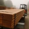 Stacked tropical hardwood decking boards in a foggy Bay Area lumber yard, the category facing a federal tariff review