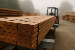 Stacked tropical hardwood decking boards in a foggy Bay Area lumber yard, the category facing a federal tariff review