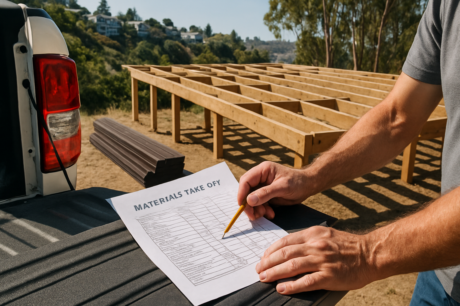 Buying Ipe or Hardwood Trim This Fall? Watch the October 1 Tariff Review 1 Contractor reviewing a materials take-off on a truck tailgate beside a partly framed hillside deck