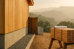 Gravel and concrete strip along the base of a new hillside house where a wood fence returns to a metal panel