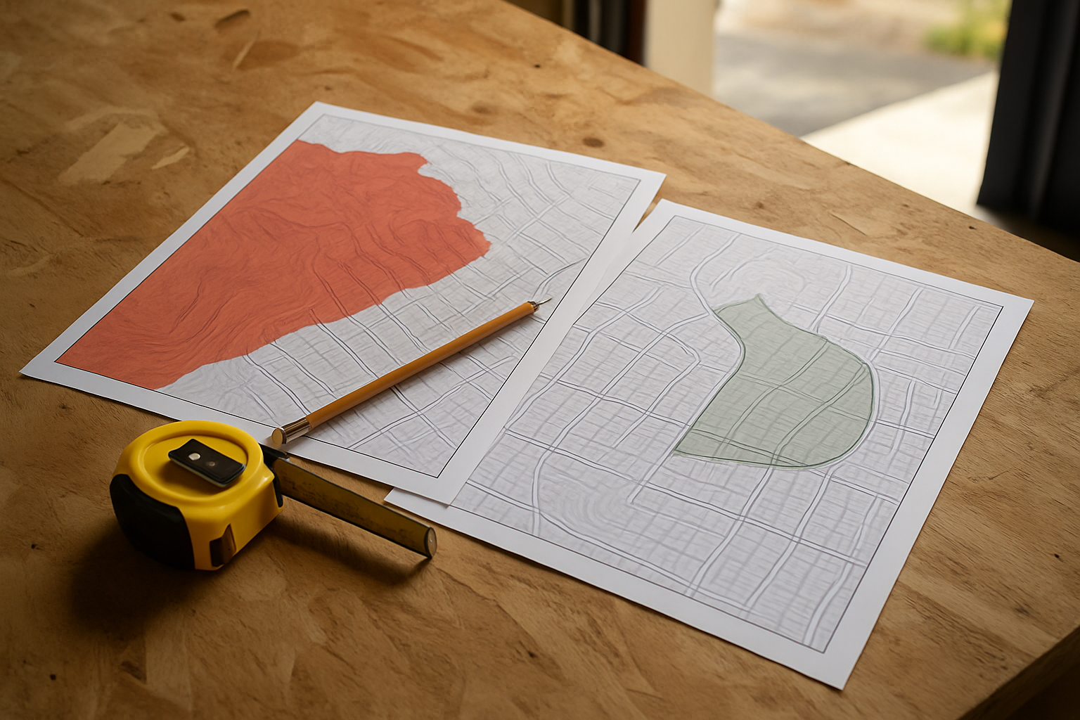 California Approved Zone 0. What It Changes for East Bay New Builds 1 Two overlapping hillside parcel hazard maps on a plywood bench with a pencil and tape measure