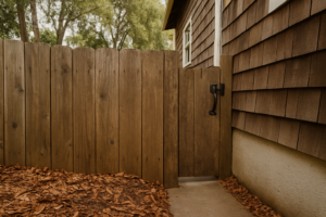 Wood fence running perpendicular into the shingled wall of a hillside home with leaf litter piled at the base