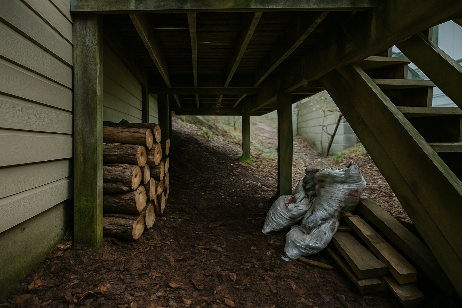 Damp leaf litter, firewood and scrap lumber stored under a hillside deck and stair stringers