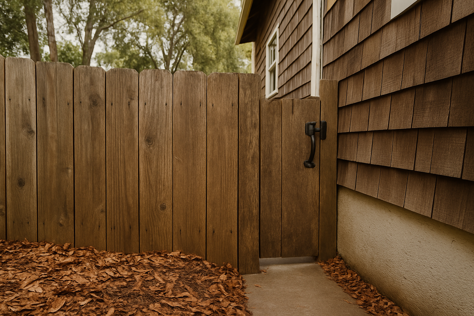 Wood fence running perpendicular into the shingled wall of a hillside home with leaf litter piled at the base