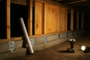 Crawl space cripple wall with new plywood sheathing and galvanized foundation anchors in an older Berkeley home