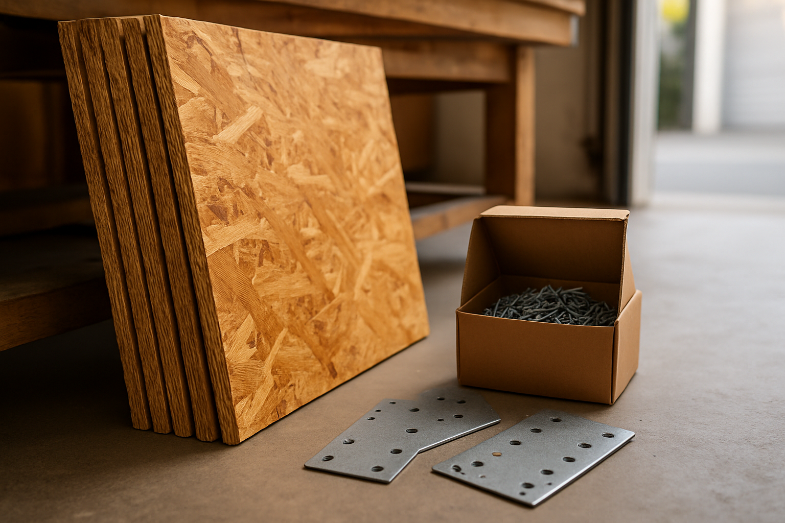 Earthquake Brace + Bolt: The Material List for a Berkeley Cripple Wall 1 Structural wood sheathing panels stacked next to galvanized nails and steel foundation connectors at a lumber yard counter