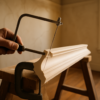 Hand coping the profile on crown moulding with a coping saw in an empty old house with plaster walls