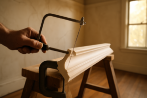 Hand coping the profile on crown moulding with a coping saw in an empty old house with plaster walls