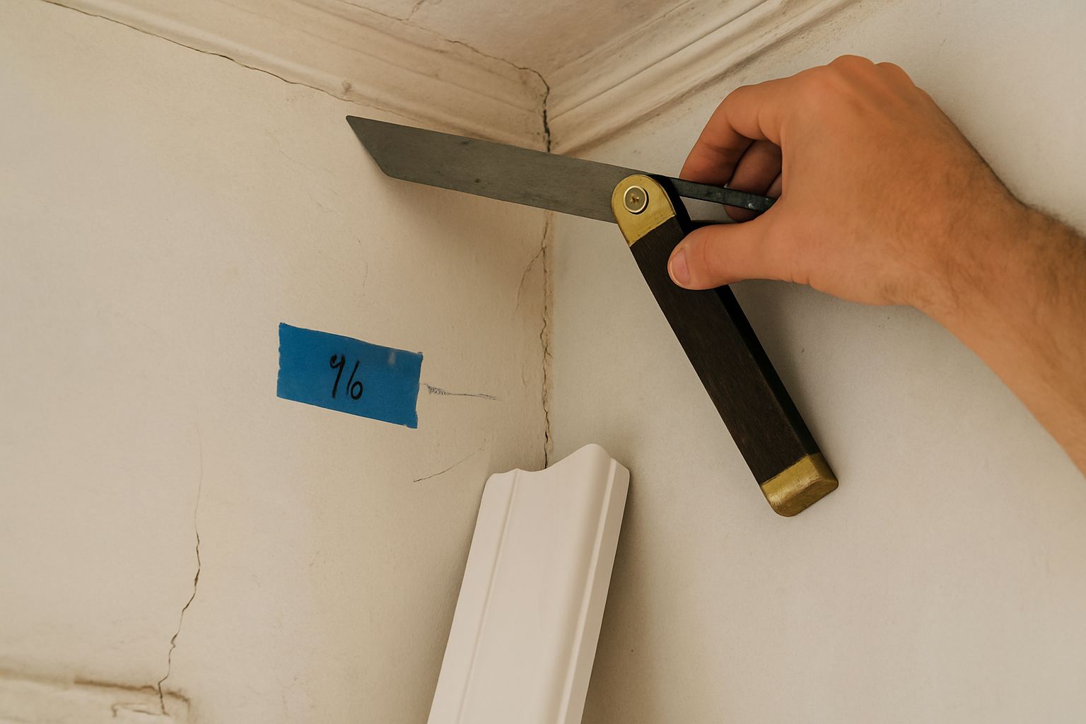 How to Hang Crown Moulding in an Old Berkeley House Where Nothing Is Square 1 Bevel gauge set against an out-of-square plaster outside corner before cutting crown moulding