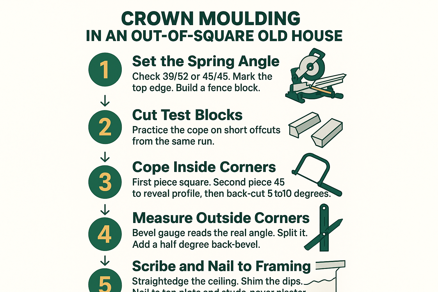 How to Hang Crown Moulding in an Old Berkeley House Where Nothing Is Square 2 Infographic showing the five-step sequence for installing crown moulding in an out-of-square old house