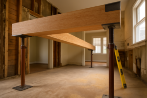 Engineered wood beam on temporary posts spanning a newly opened load bearing wall in a remodel