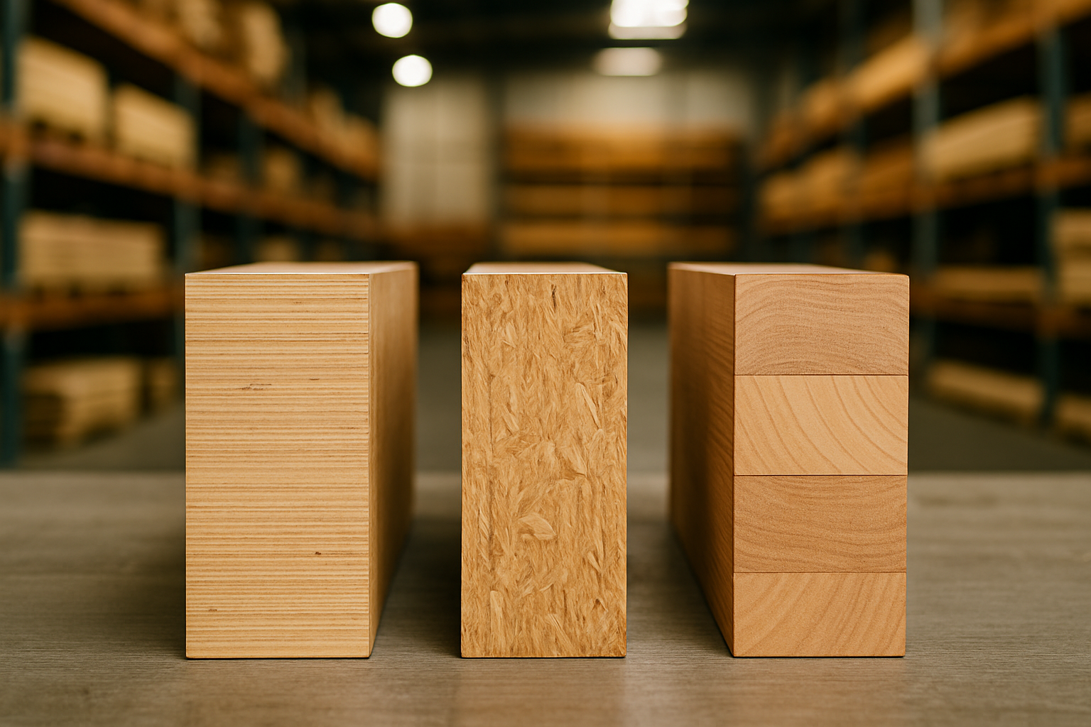 End grain of three engineered beam samples showing veneer layers, bonded strands, and laminated boards