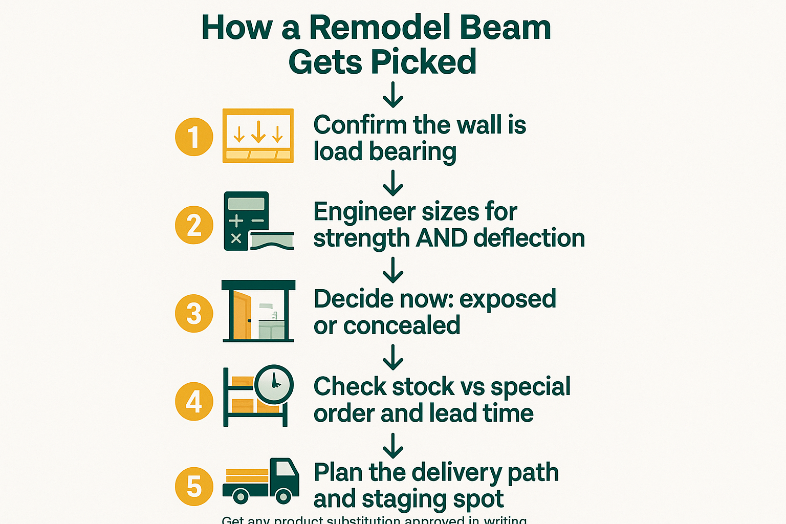Infographic showing the five steps for choosing an LVL, PSL, or glulam beam on a remodel