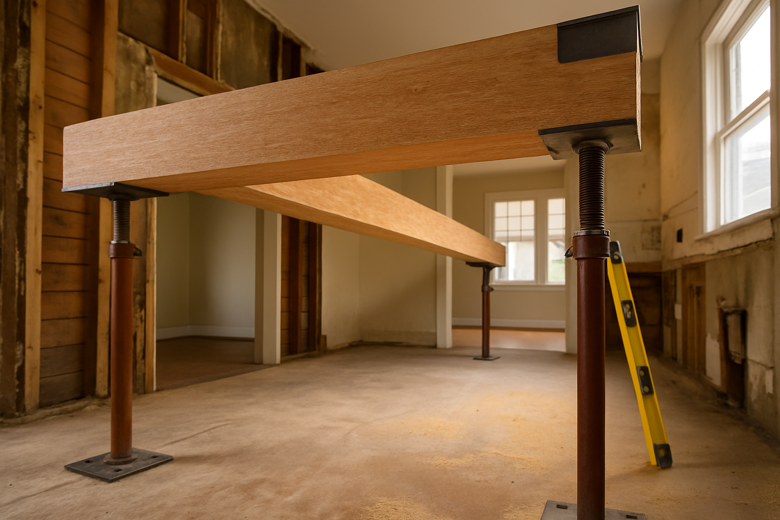 Engineered wood beam on temporary posts spanning a newly opened load bearing wall in a remodel