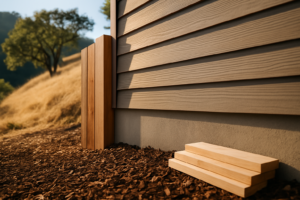 Wood fence, bark mulch and stored lumber against a Berkeley hillside house wall inside the first five feet