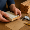 Hands measuring a salvaged piece of old Douglas fir door casing beside freshly milled trim on a workbench