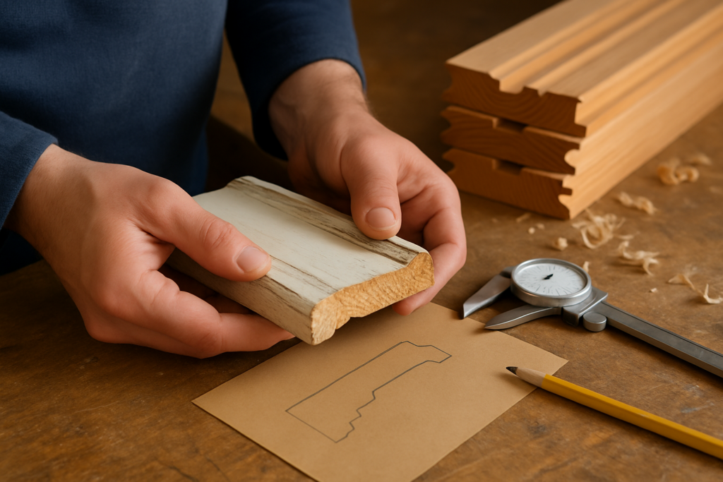 Hands measuring a salvaged piece of old Douglas fir door casing beside freshly milled trim on a workbench