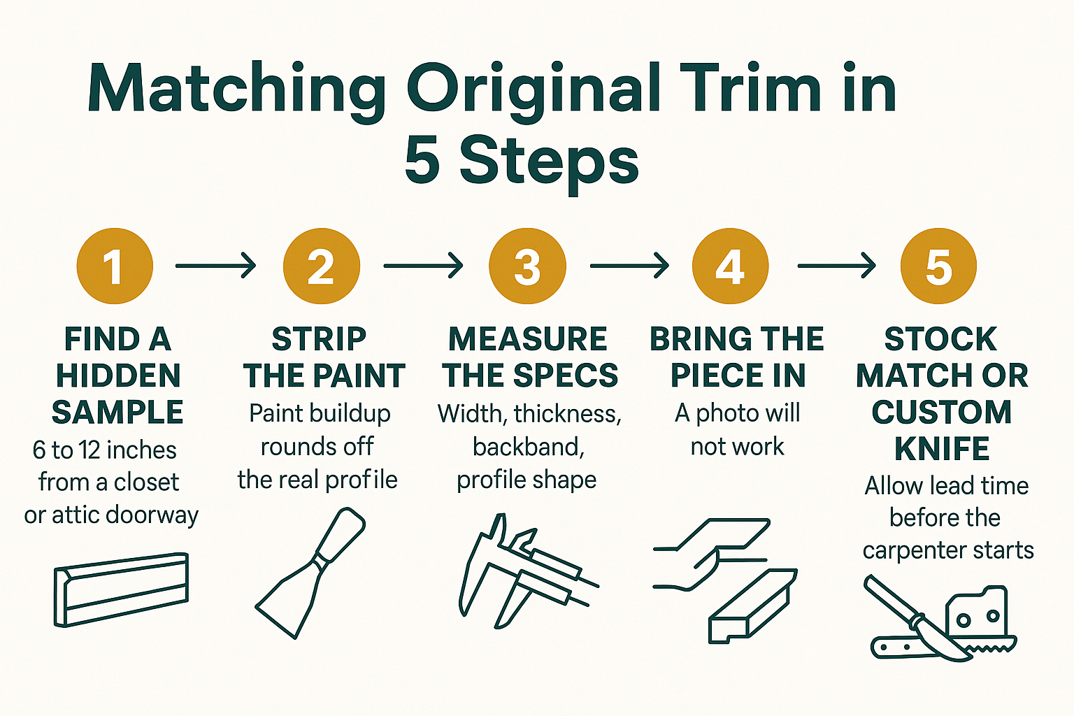 Nothing Off the Shelf Fits: Matching Trim Profiles in a 1920s Berkeley Home 2 Infographic showing five steps to match original door casing and trim profiles in an old home