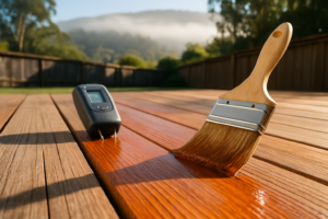 Brush applying penetrating stain to a redwood deck board with a moisture meter resting nearby in morning sun