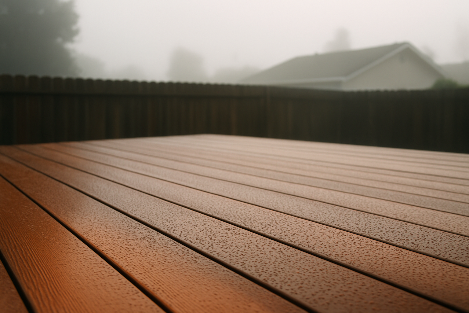 Sealing a Redwood Deck Before the Rains: Getting the Timing Right 1 Dew beaded on redwood deck boards during an early morning marine layer in a flat East Bay neighborhood
