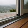 Close-up of a raised patio door threshold and sill pan on a damp Bay Area deck after rain