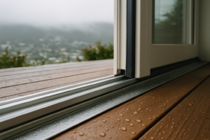 Close-up of a raised patio door threshold and sill pan on a damp Bay Area deck after rain