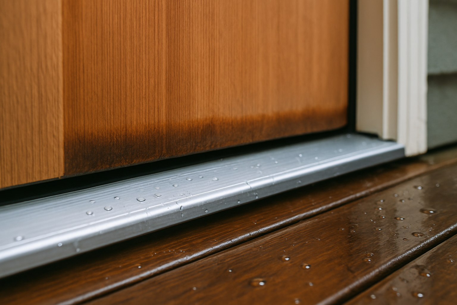 Why New Doors Warp and Stick in Berkeley: The Six-Sided Finish Rule 1 Close-up of an uncoated bottom edge of an exterior door above a damp threshold showing a moisture line in the wood