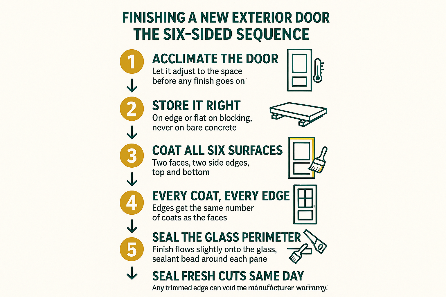 Why New Doors Warp and Stick in Berkeley: The Six-Sided Finish Rule 2 Infographic showing the six-step sequence for finishing a new exterior door on all six sides