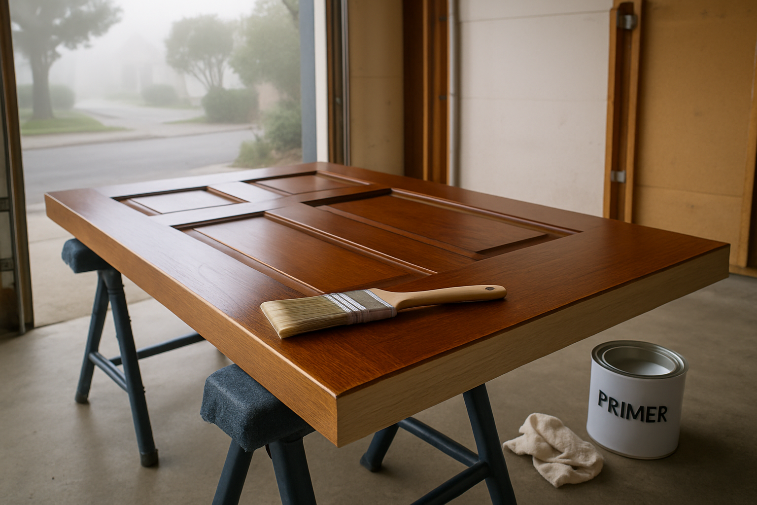 Unfinished top edge of a new exterior wood door on sawhorses, faces already coated, brush resting on the bare edge