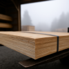 Banded stack of plywood sheets on forklift forks in a foggy open lumberyard shed, veneer plies visible
