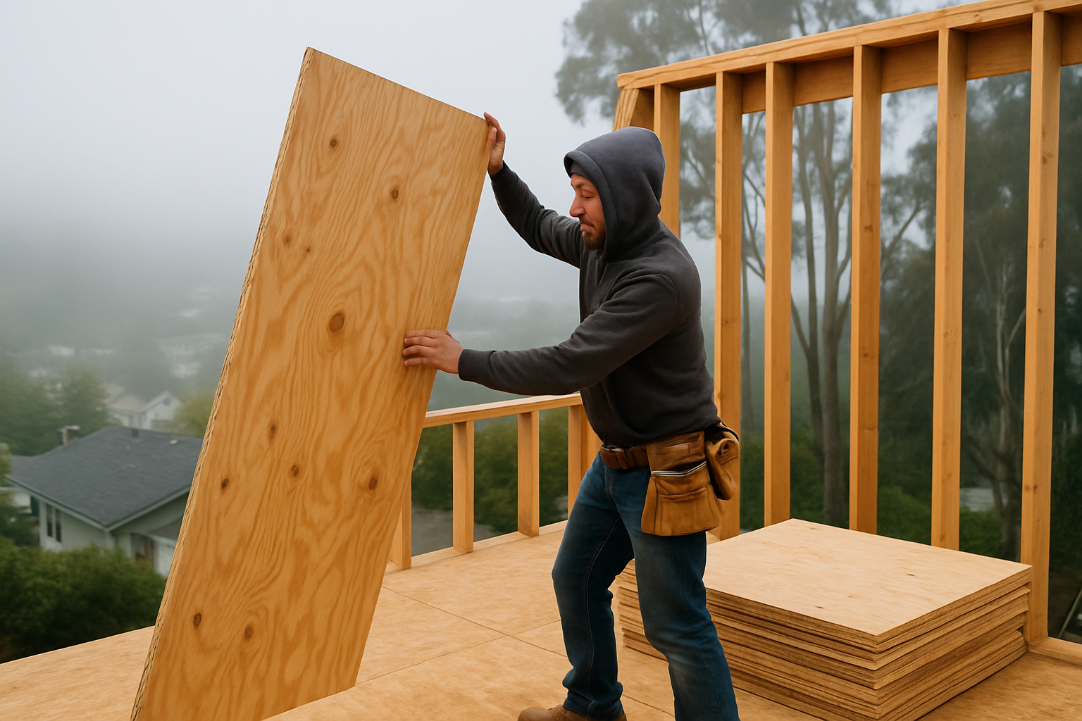 Canadian plywood now carries a 50 percent duty since August 22 1 Framer setting a plywood sheathing panel on a second-story stud wall above a foggy hillside neighborhood