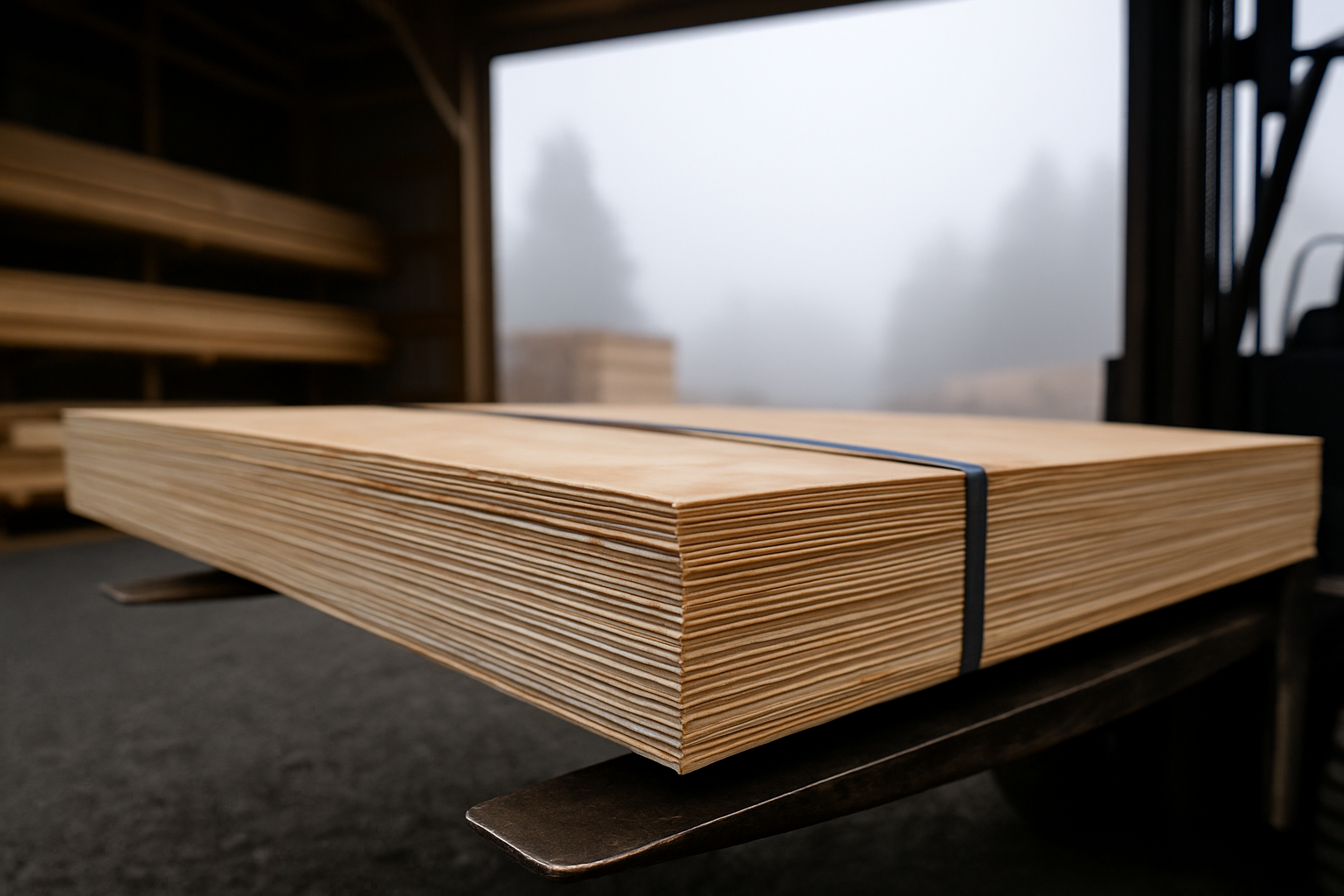 Banded stack of plywood sheets on forklift forks in a foggy open lumberyard shed, veneer plies visible