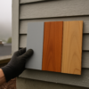 , redwood, and cedar boards held against a weathered Bay Area exterior wall on a foggy morning