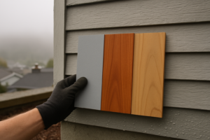 , redwood, and cedar boards held against a weathered Bay Area exterior wall on a foggy morning