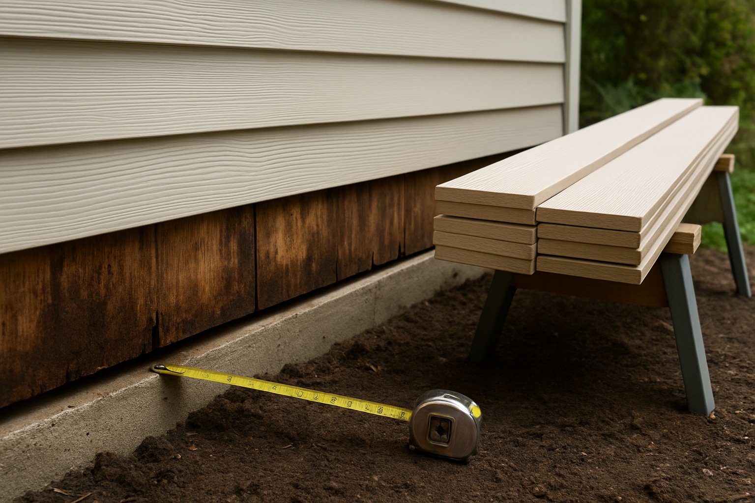 Bottom courses of siding removed showing water-stained sheathing above damp soil at a foundation
