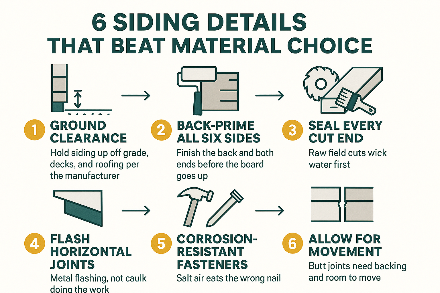 Infographic listing six siding installation details that matter more than material choice