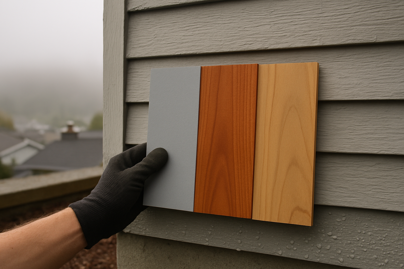 , redwood, and cedar boards held against a weathered Bay Area exterior wall on a foggy morning