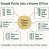 Infographic showing six sound paths into a home office including door mass, floor gap, latch gap and registers
