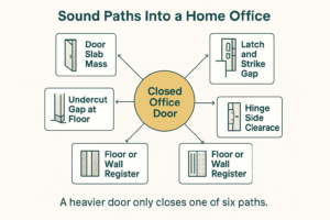Infographic showing six sound paths into a home office including door mass, floor gap, latch gap and registers