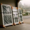 Crated window units standing on blocking in a Berkeley driveway waiting for install week
