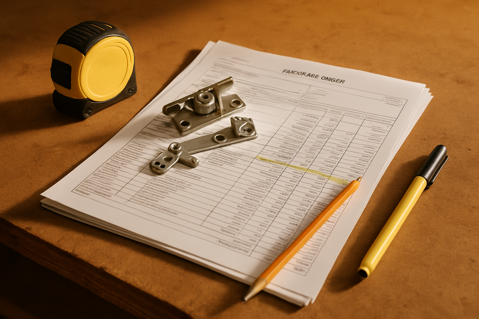 Printed window order paperwork on a workbench with a tape measure and hardware sample