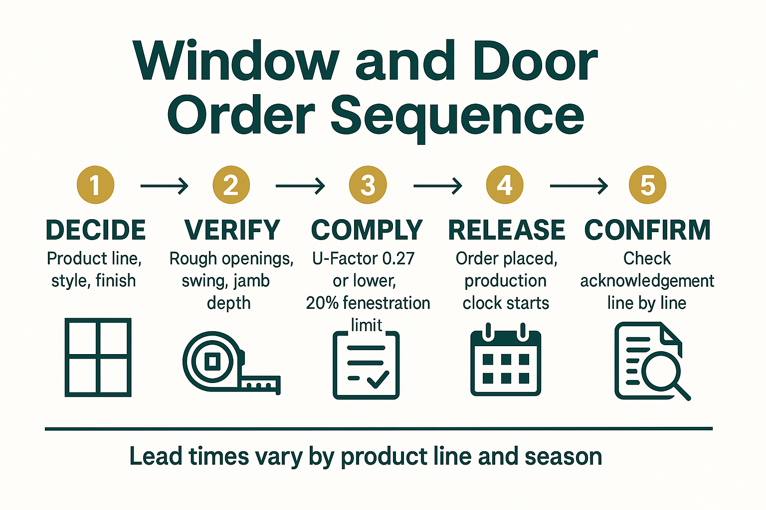 Infographic showing the five step window and door ordering sequence from decision to acknowledgment