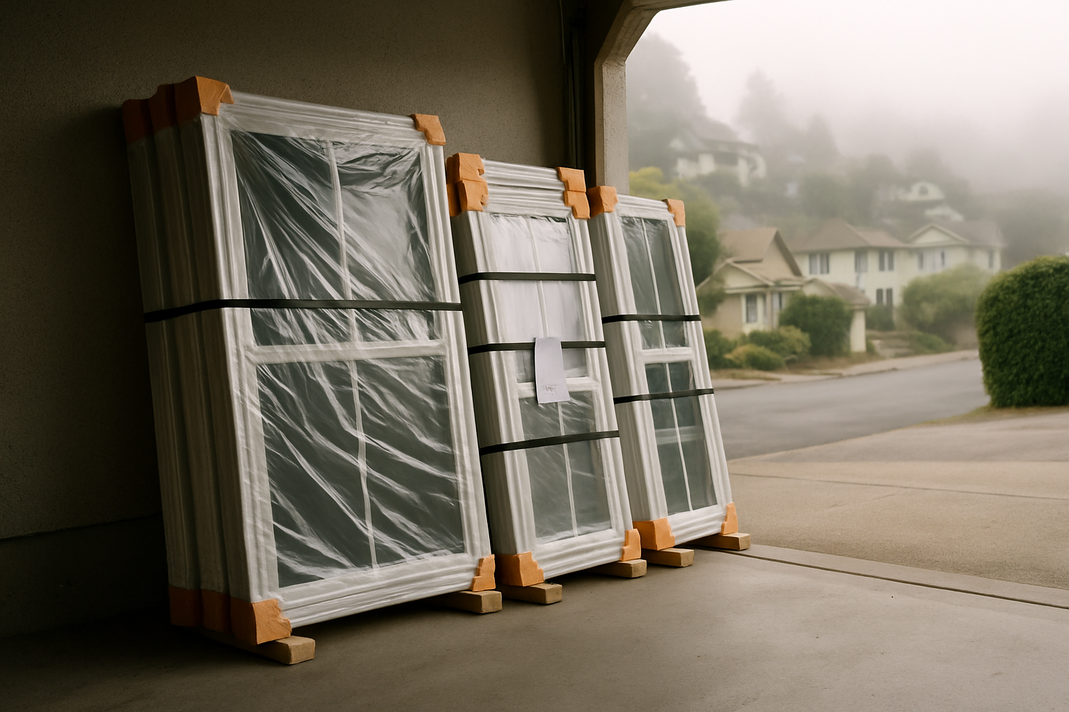 Crated window units standing on blocking in a Berkeley driveway waiting for install week