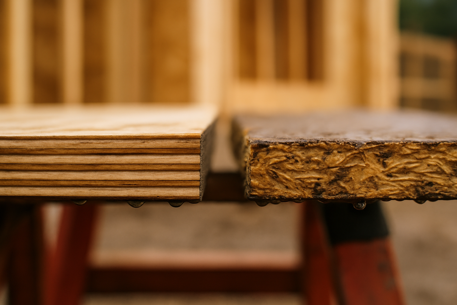Side by side close-up of a damp plywood edge and a swollen oriented strand board edge on a sawhorse