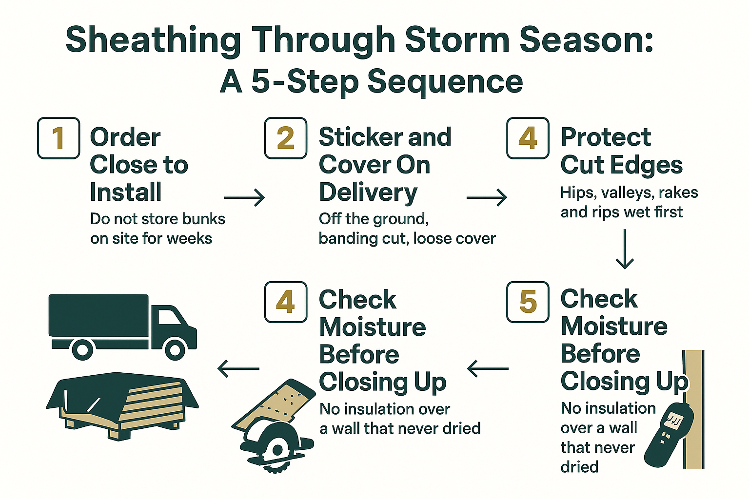 Infographic showing a five step sequence for ordering, storing, decking and checking sheathing during storm season