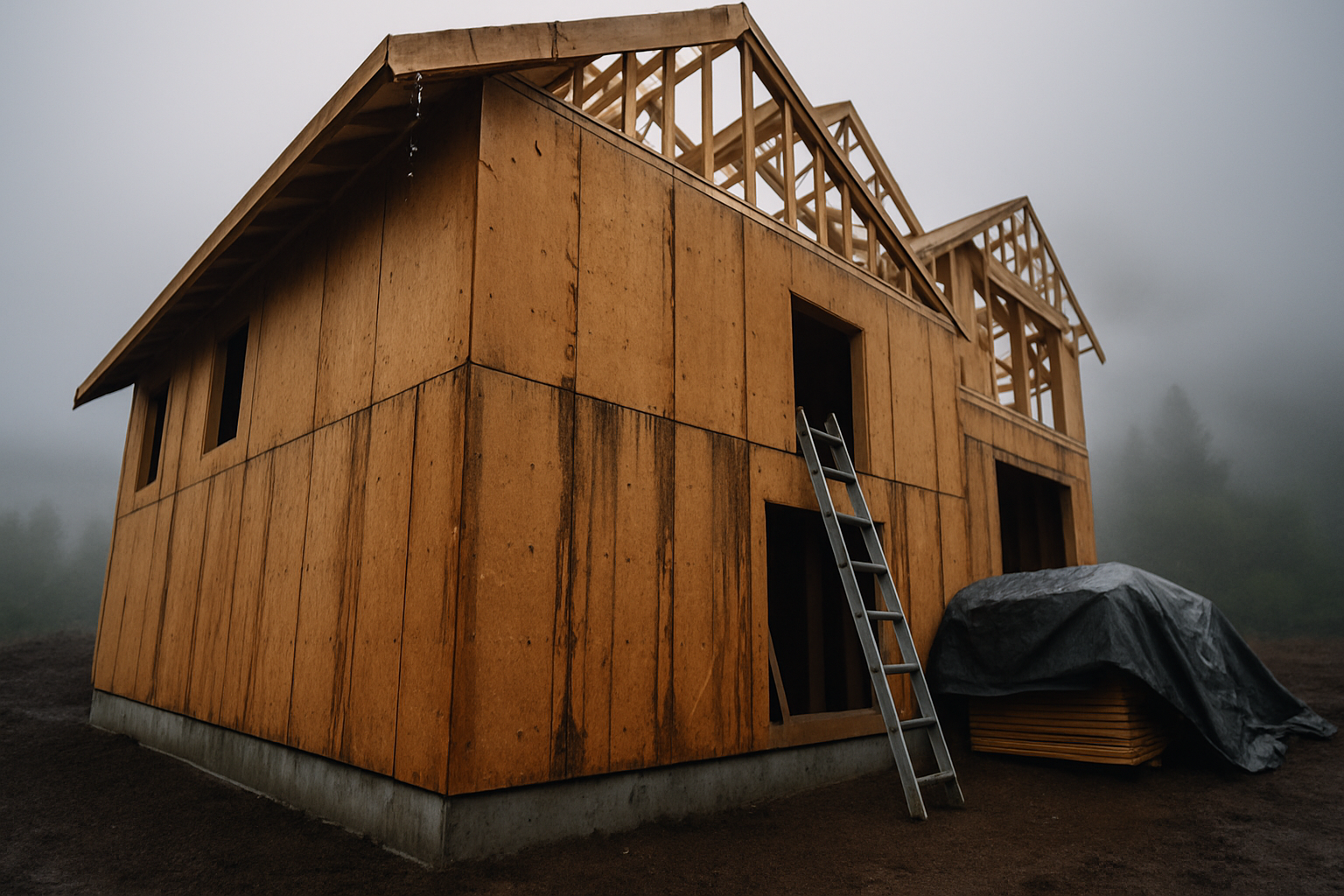 Rain-soaked plywood sheathing on an open house frame with water staining along panel seams and cut edges