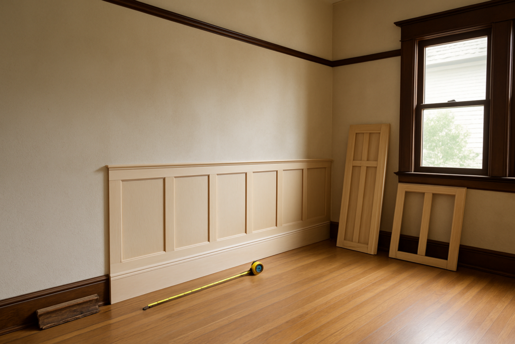 Partly installed wainscoting along a plaster wall in an old dining room with picture rail and a tape measure on the floor