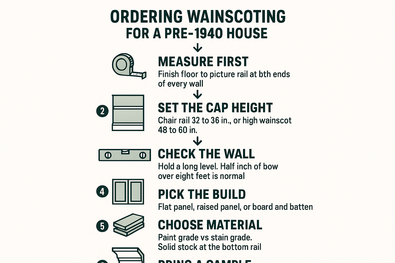 Infographic showing the six-step sequence for ordering wainscoting in a pre-1940 house