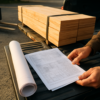 Contractor reviewing structural plans beside a flatbed truck loaded with engineered beams at a lumberyard